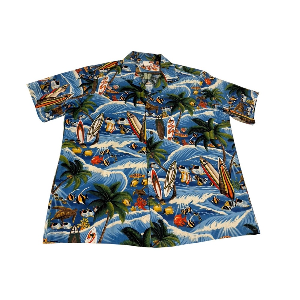 Vintage Aloha Line Men Retro Surf Hawaiian Short Sleeve Shirt M Blue Multicolor
